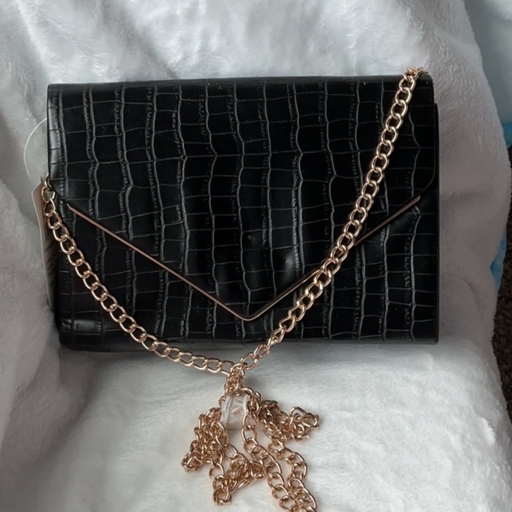 Windsor Black and Gold Croc-Embossed Clutch